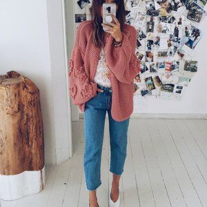 New Cozy Heart Embroidered Pink Cardigan Sweater